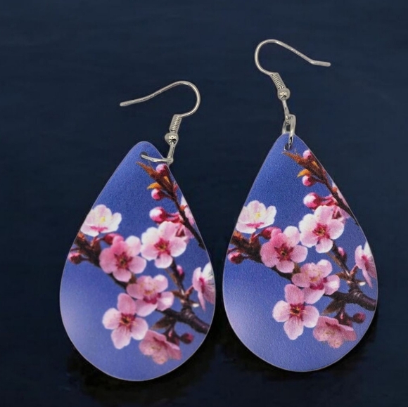 Unbranded Jewelry - Cherry Blossoms Teardrop Earrings Faux Leather Blue With Pink & White